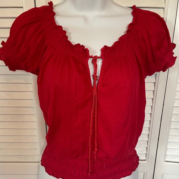 Red Cinched Waist Top Blouse Size XS - Picture 5 of 8